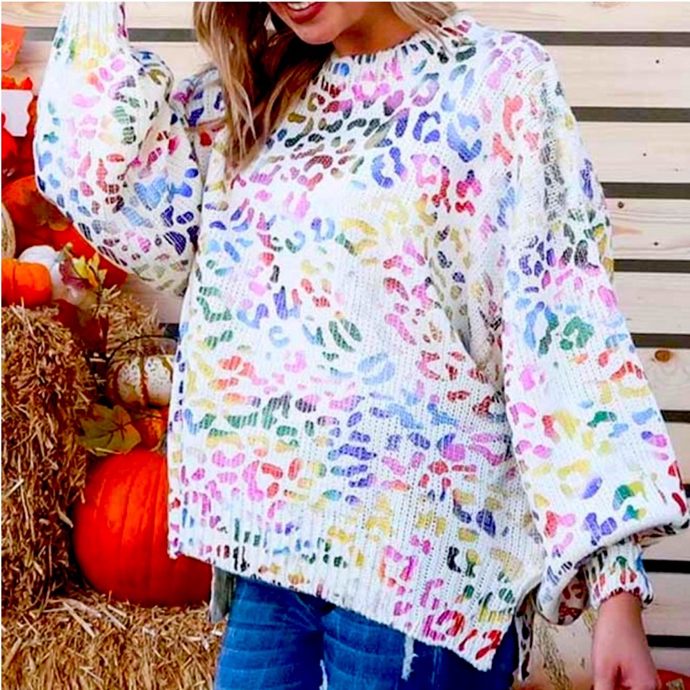 Jodfil Ivory Sweater with Rainbow Metallic Leopard Pattern